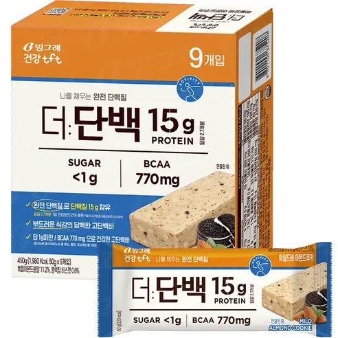 빙그레 tft 더단백 마일드바 아몬드쿠키 9p, 450g, 1개